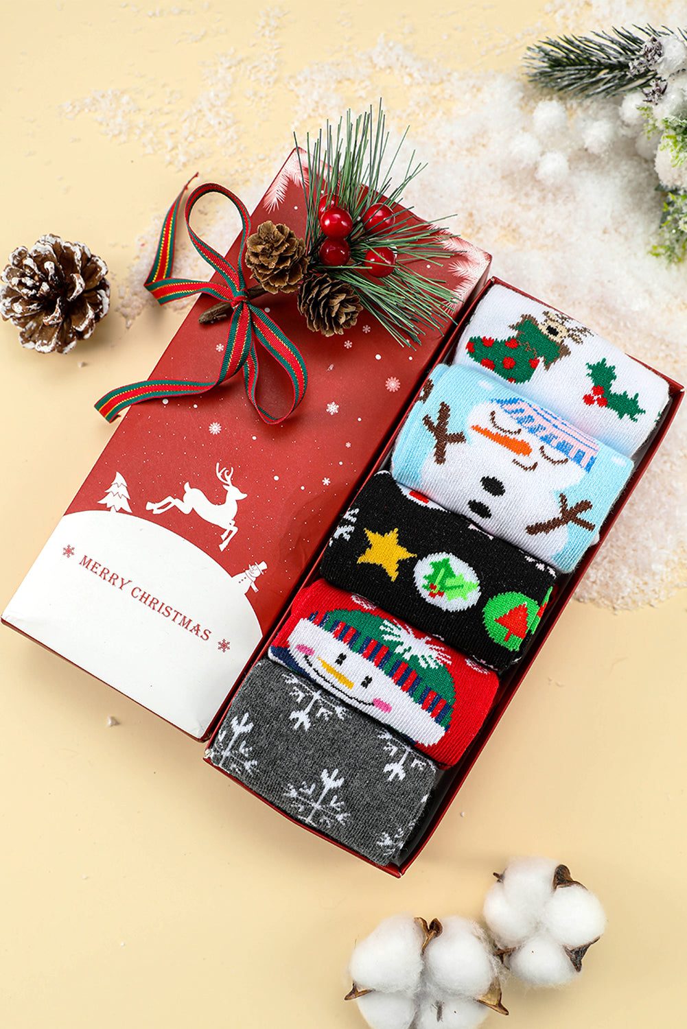 Lot de 5 paires de chaussettes de Noël avec motif dessin animé et boîte