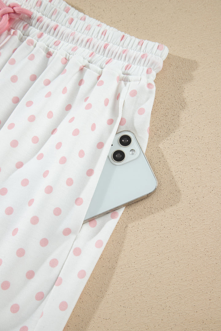 Pink Polka Dot Patchwork Colorblock Long Sleeve Casual Two Piece Pants Set