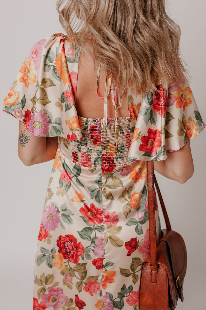 Vintage Floral V Neck Short Sleeve Tie Back Long Slit Dress