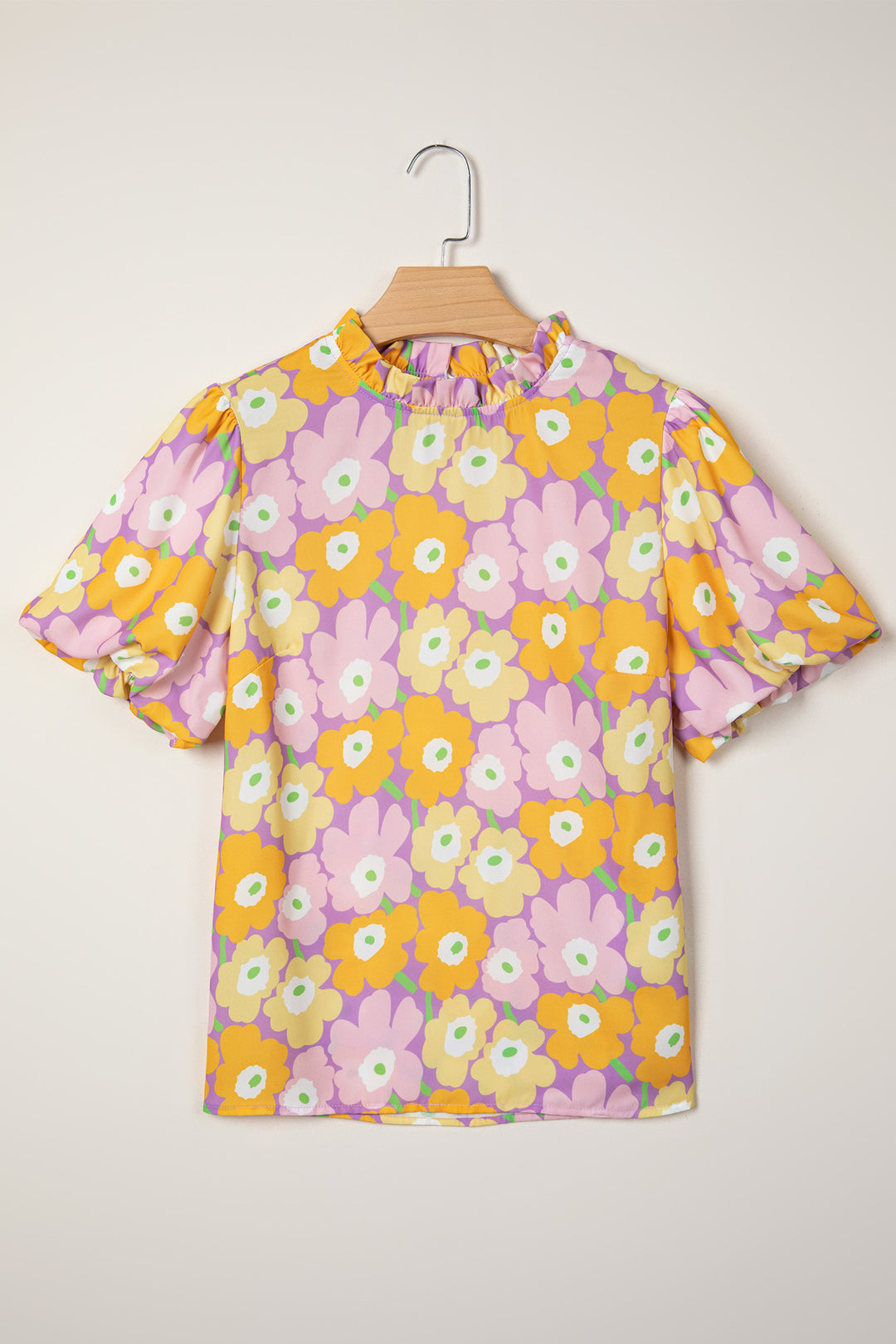 Frilled Neck Puff Short Sleeve Flower Top