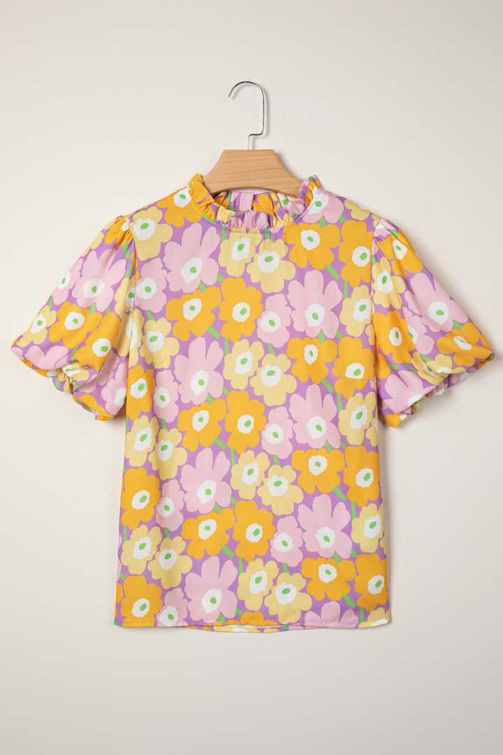 Frilled Neck Puff Short Sleeve Flower Top