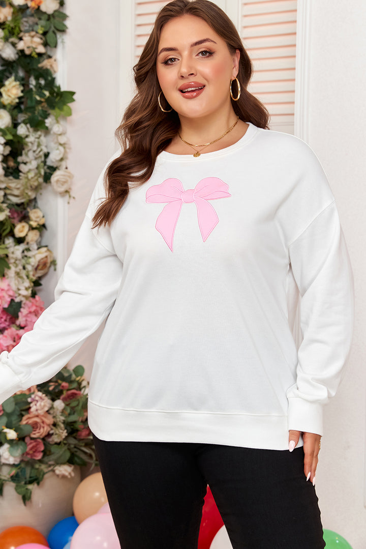 Beige Big Bow Accent Plus Size Drop Shoulder Sweatshirt