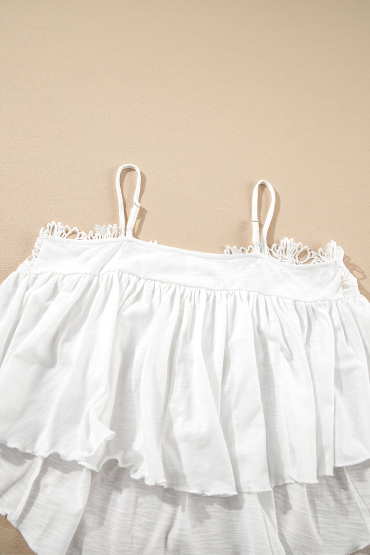 Lace Splicing Spaghetti Straps Ruffle Flared Tank Top