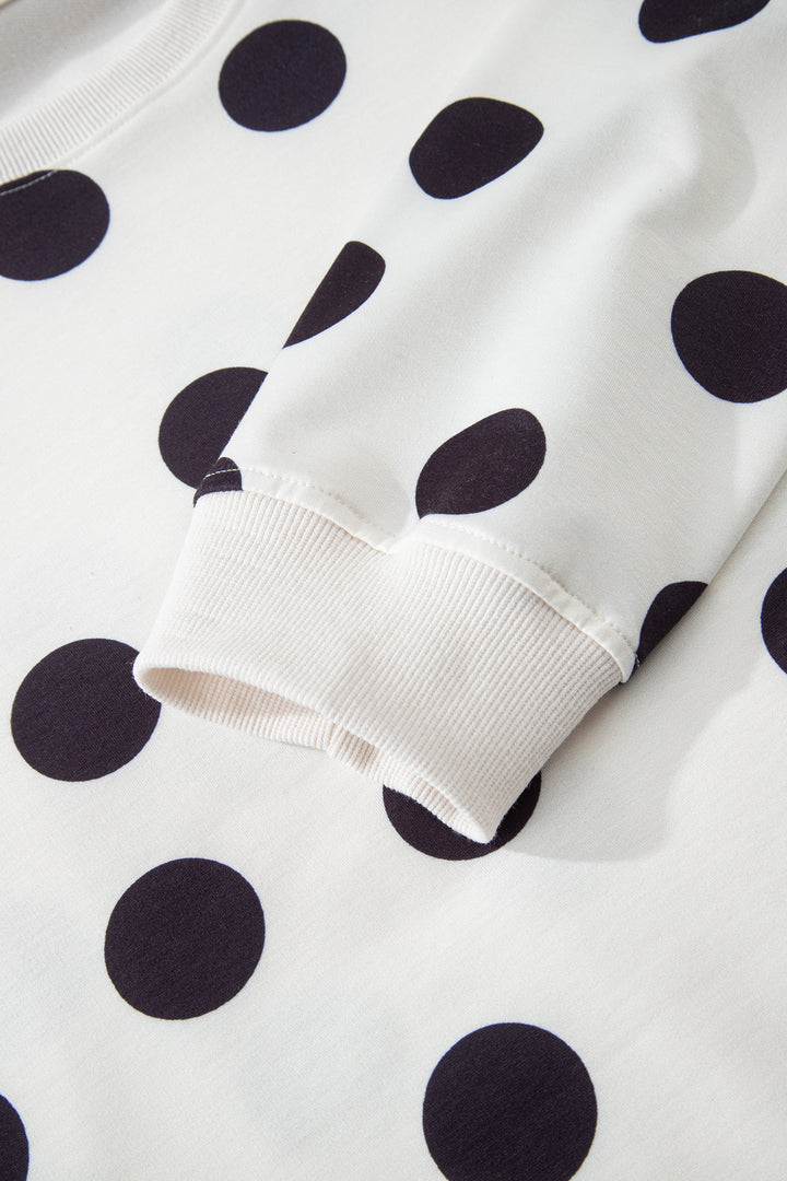 Beige Polka Dot Print Drop Shoulder Pullover Drawstring Shorts Set