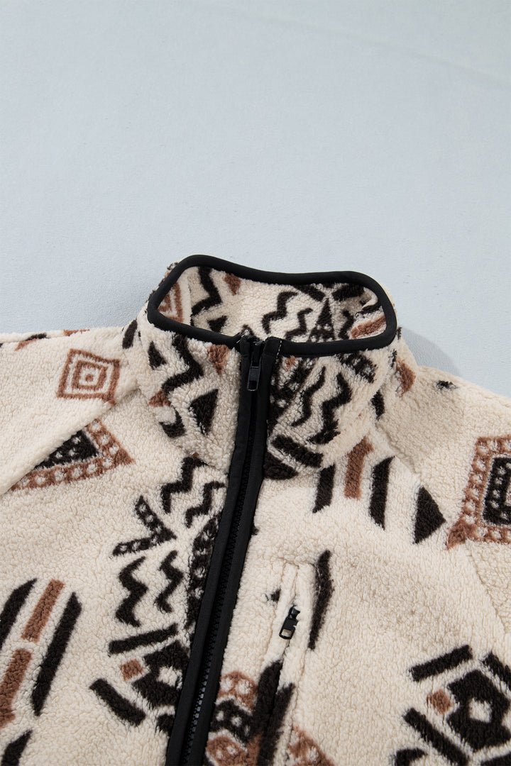 Beige Geometric Print Zip-up Placket Binding Tape Jacket