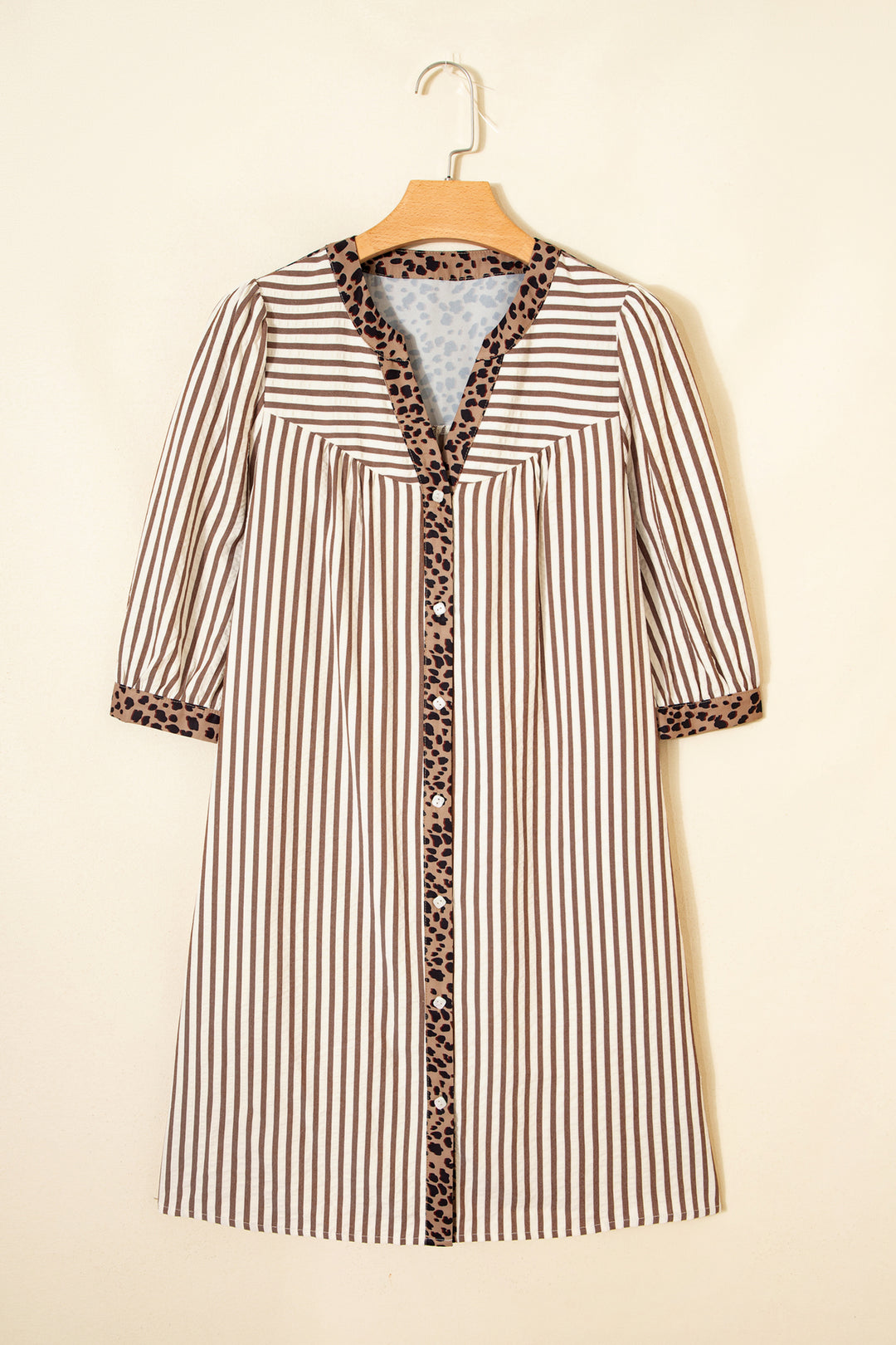 Square Button Leopard Trim Loose Bracelet Sleeve Shirt Dress