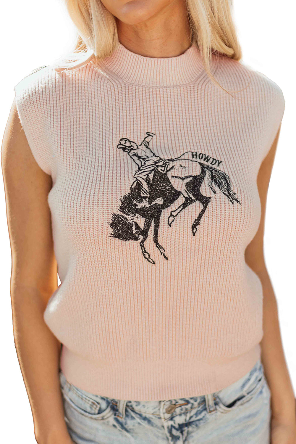 HOWDY Rodeo Cowboy Graphic High Neck Short Sleeve Sweater