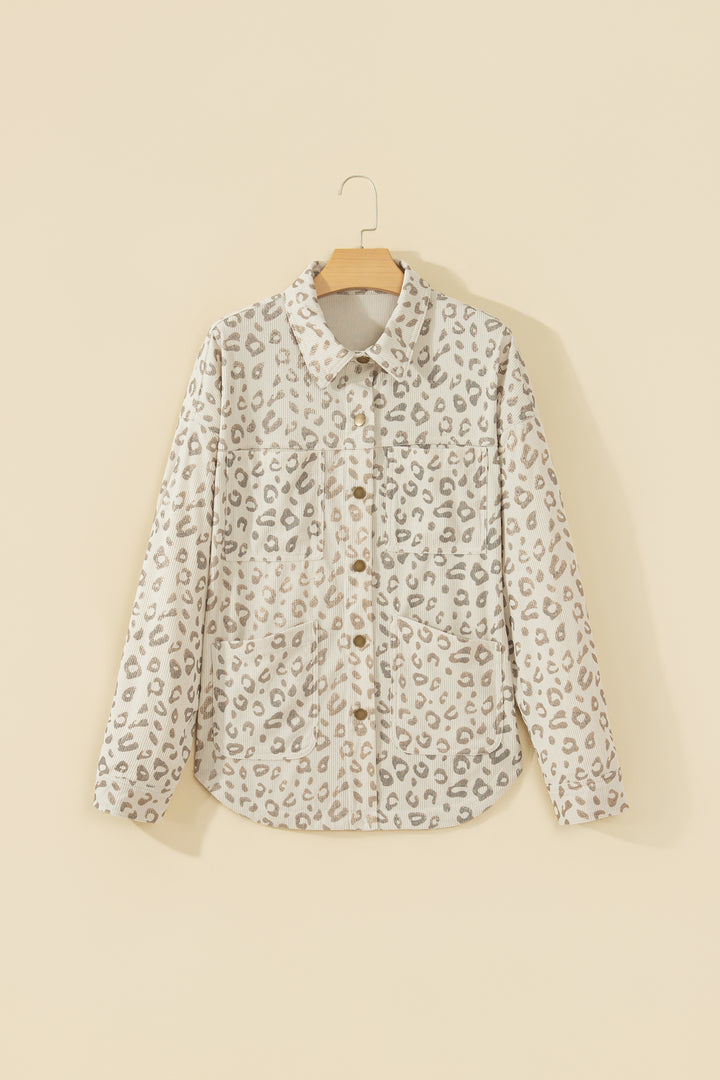 Khaki Leopard Print Corduroy Shirt Collar Long Sleeve Regular Fit Jacket