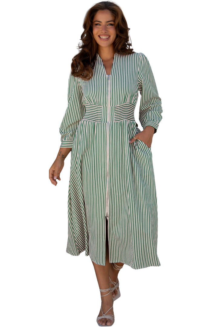 V Neck Zip Front Cinched High Waist Midi Dress