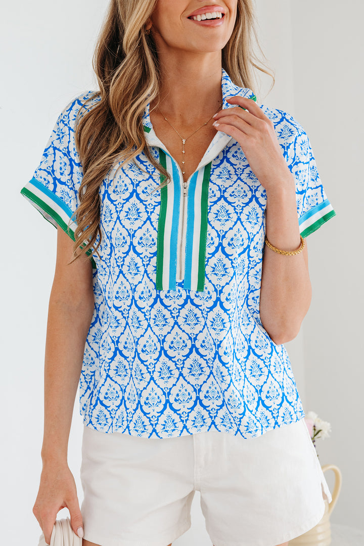 Sky Blue Western Print Zipped Collar Short Sleeve Summer Blouse Top