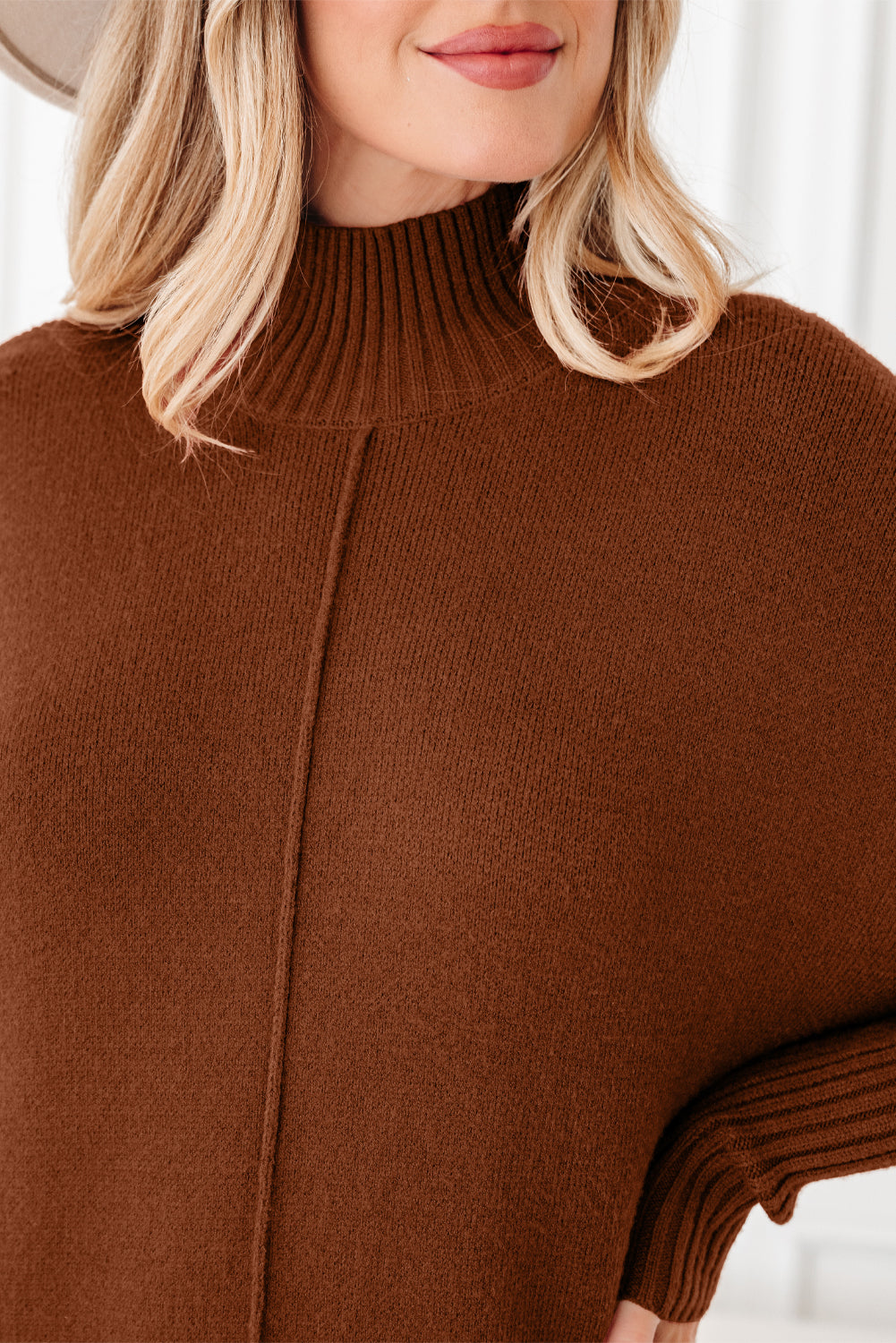 Ribbed High Neck Front Pockets Center Seam Shift Sweater Dress