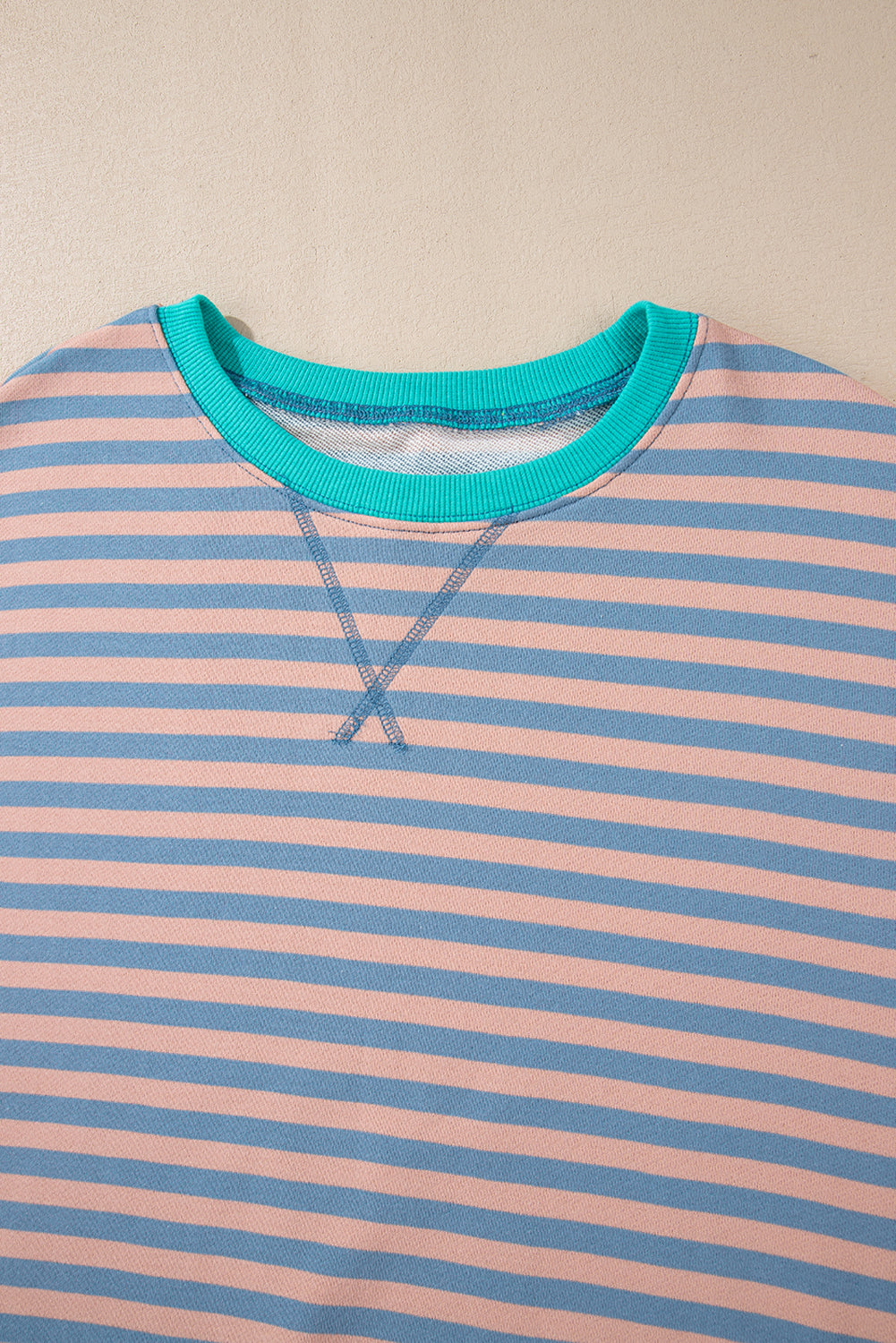 Striped Contrast Ribbed Trim Crossed Stitch Drop Shoulder Sweatshirt