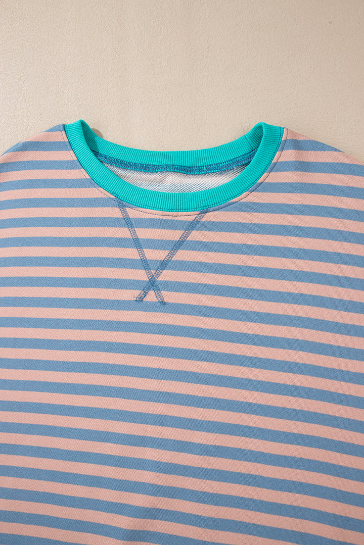 Striped Contrast Ribbed Trim Crossed Stitch Drop Shoulder Sweatshirt
