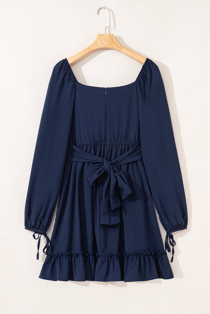 white plain ruffled high waist square neck mini dress