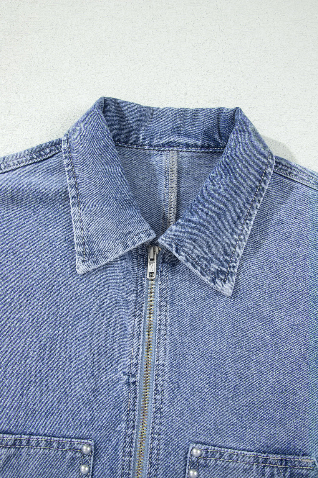 Beau Blue Studded Metal Zipper Rivet Pockets Denim Jacket