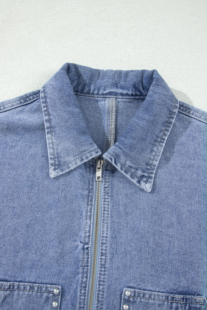 Beau Blue Studded Metal Zipper Rivet Pockets Denim Jacket