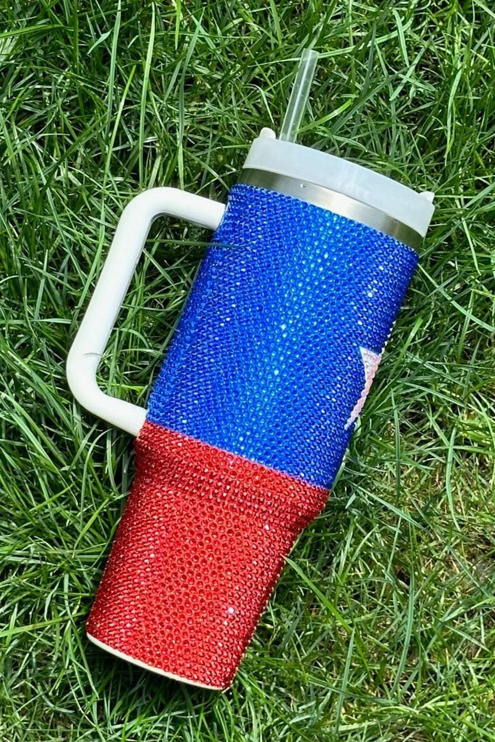 American Flag Star Full Rhinestone Handle Tumbler 40oz