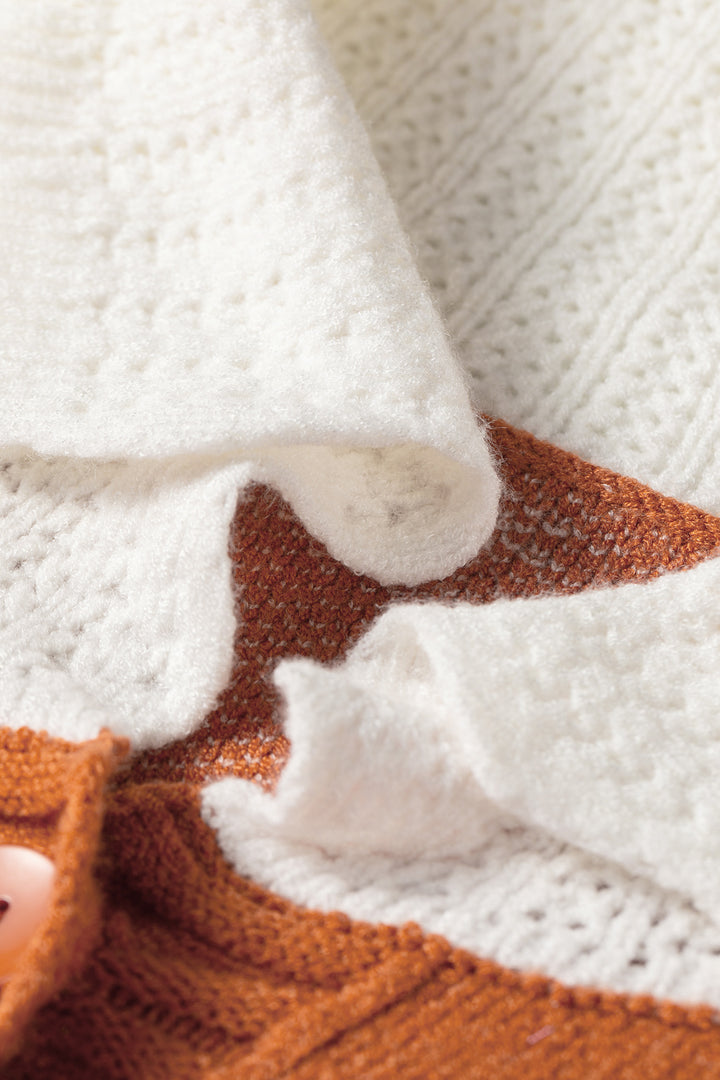 Orange Peter Pan Collar Colorblock Long Sleeve Knitwear Cardigan