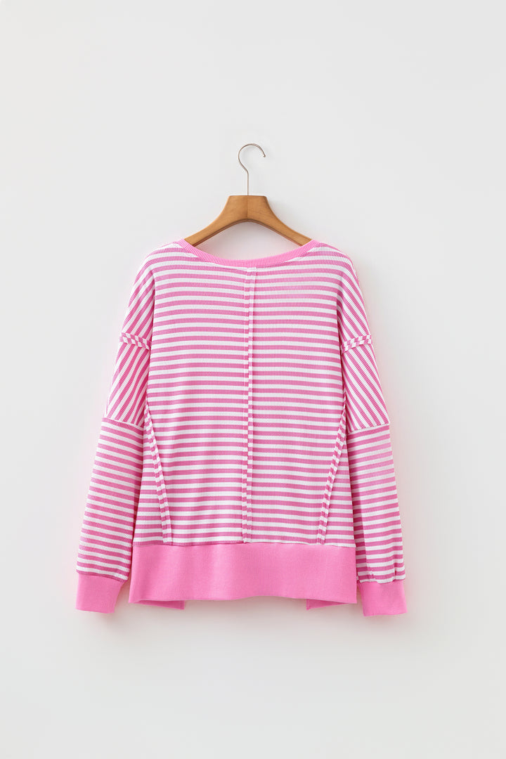 Pink Stripe Textured Knit Trim Split Hem Long Sleeve Top