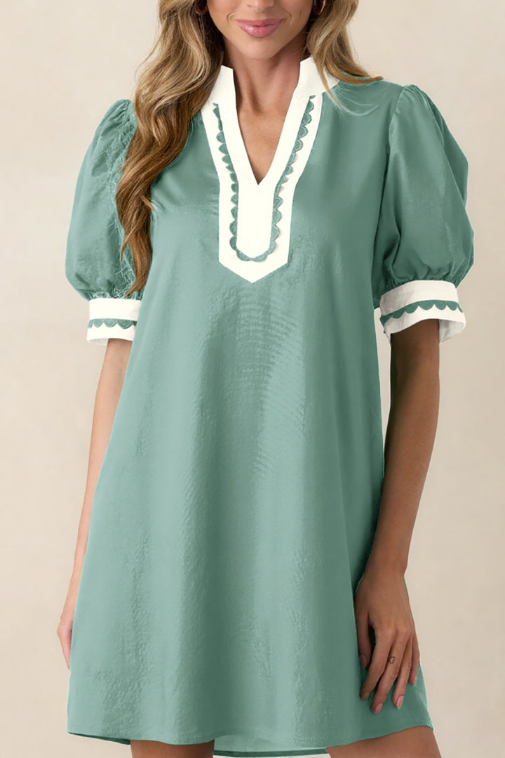 Canton Scallop Color Block Trim Puff Sleeve Mini Dress