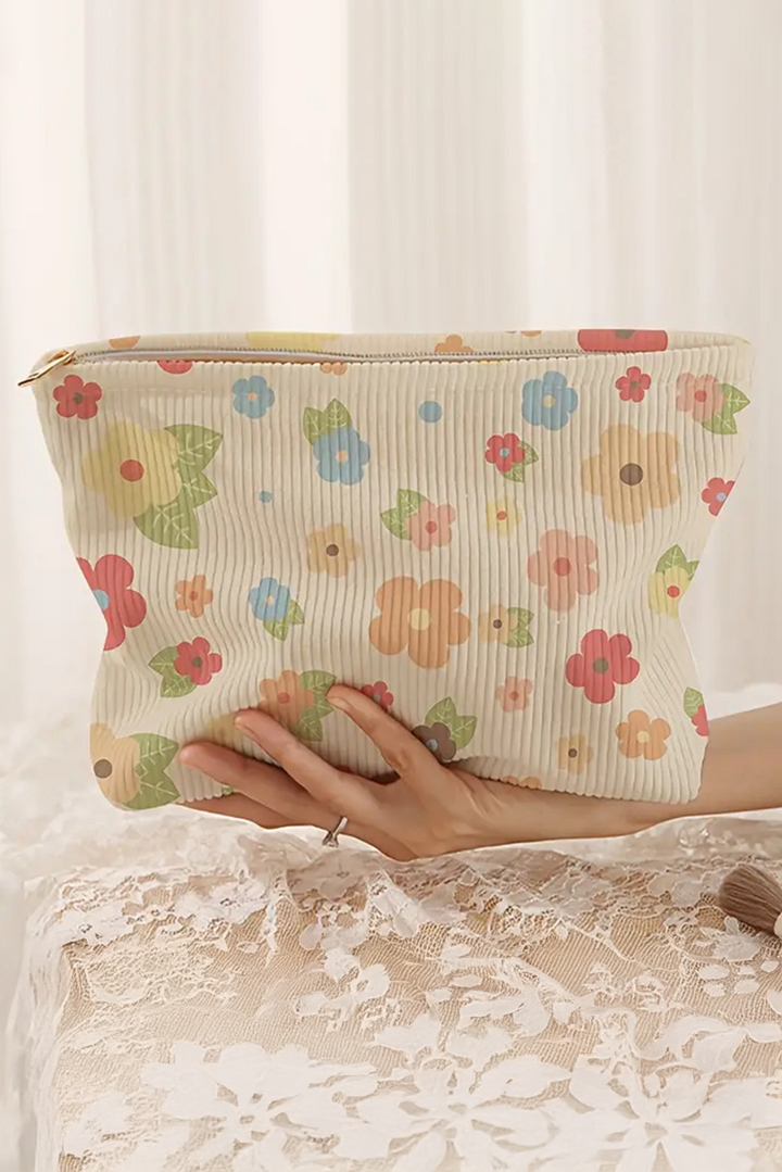 Flower Leaves Print Zipper Corduroy Makeup Bag