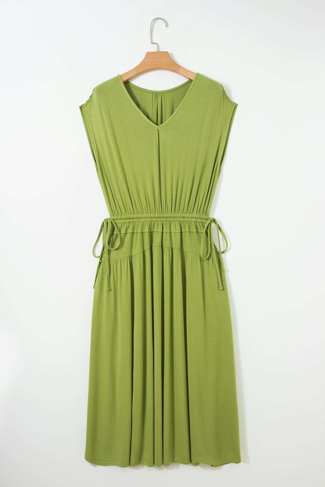 Solid V Neck Cap Sleeve Tunic Elastic Waist Versatile Maxi Dress
