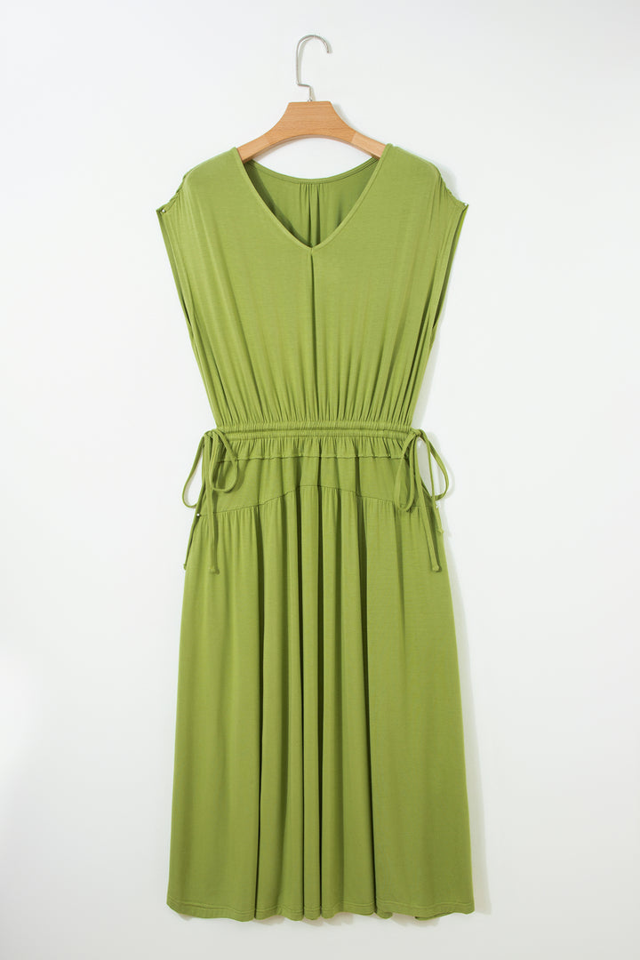 Solid V Neck Cap Sleeve Tunic Elastic Waist Versatile Maxi Dress