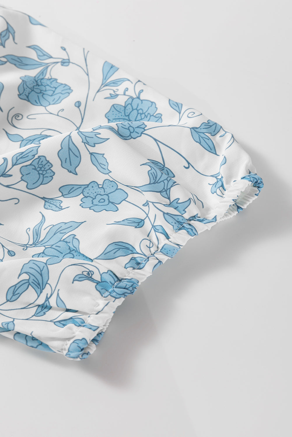 Cute Sky Blue Floral Contrast Bow Puff Sleeve Mini Dress