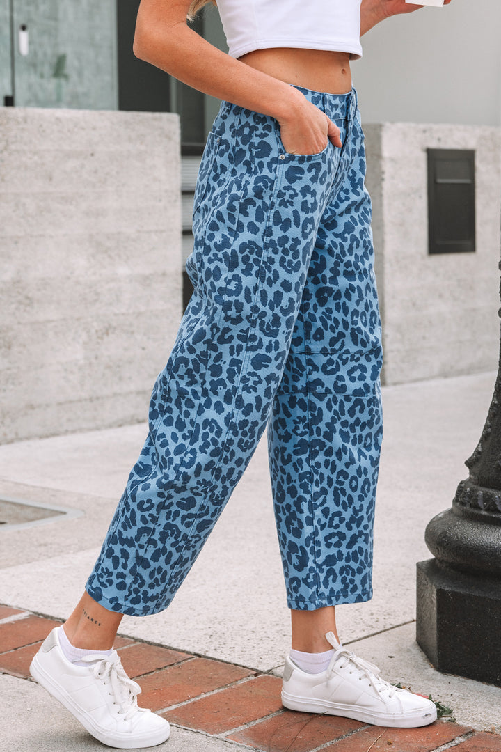 Sky Blue Leopard Print Barrel Leg Jeans