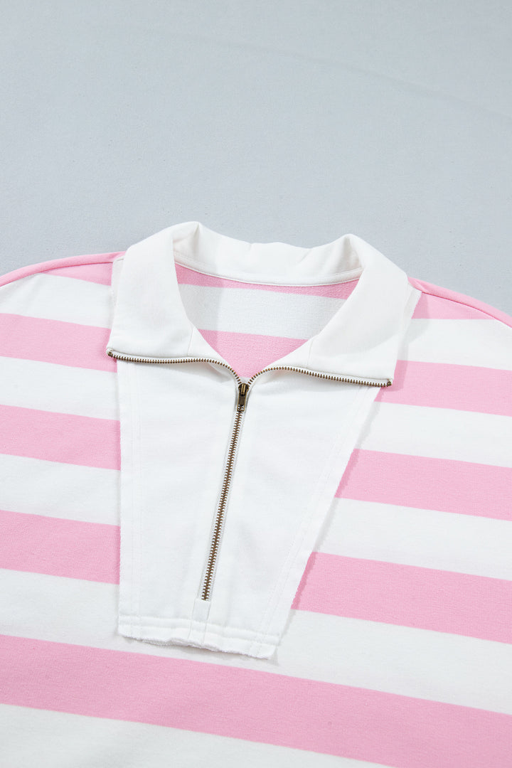 Pink Stripe Patchwork Zipper Pullover Elastic Waist Shorts 2pcs Set