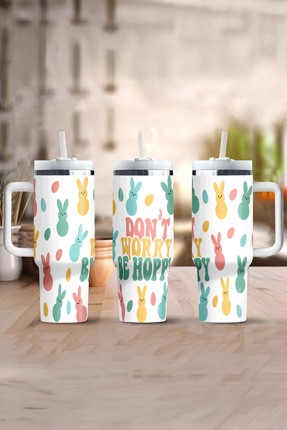 DONT WORRY BE HOPPY Bunny Print Thermal Tumbler 40oz