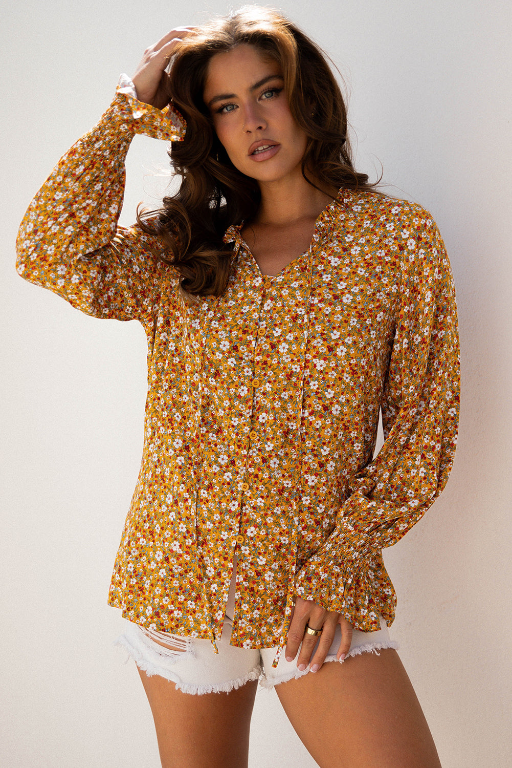 Boho Floral Ruffled Bubble Sleeve V Neck Fall Blouse