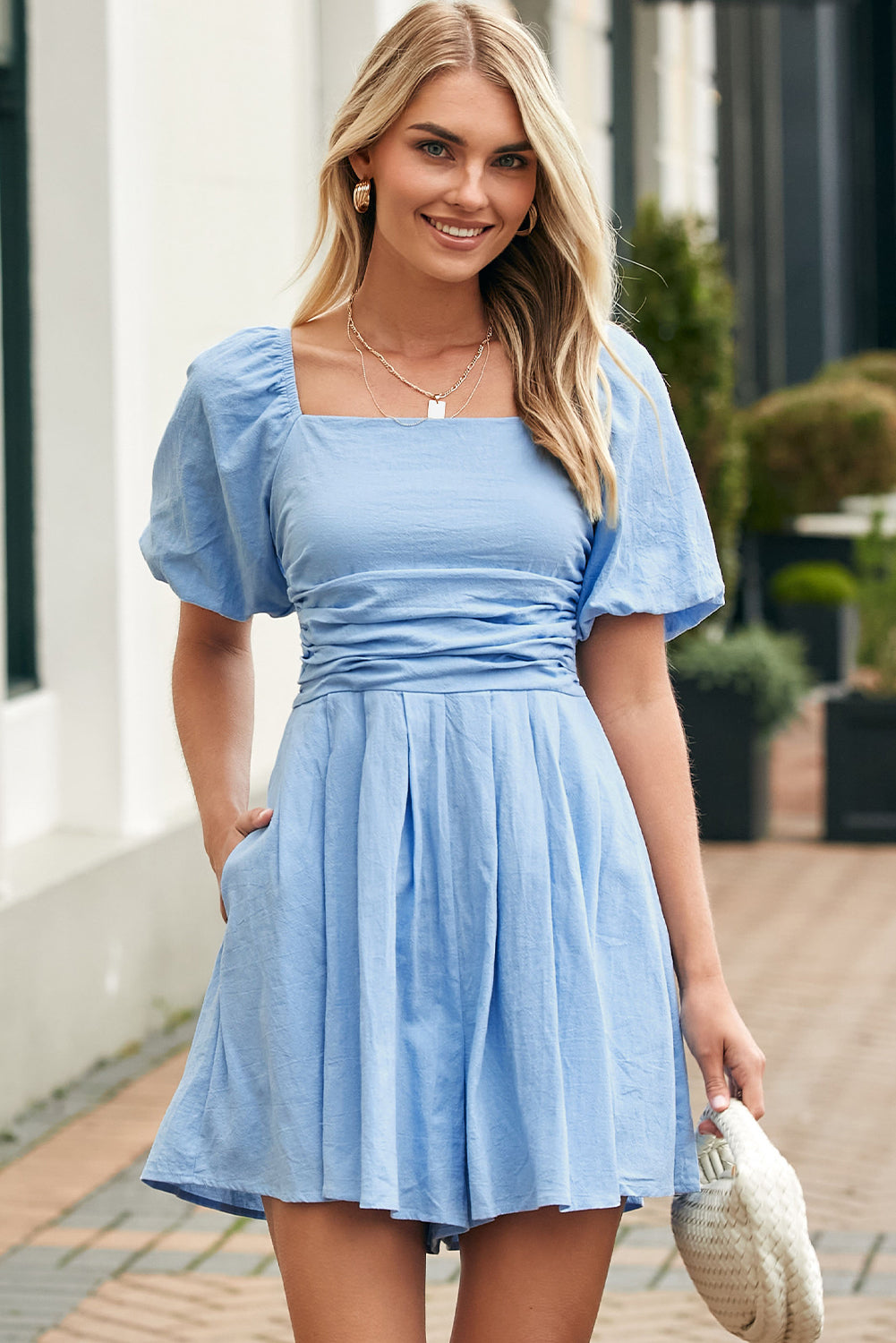 Sky Blue Brown Square Neck Ruched Puff Sleeve Romper