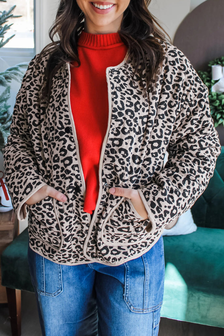 Khaki Leopard Print Patch Pockets Binding Tape Long Sleeve Regular Fit Jacket