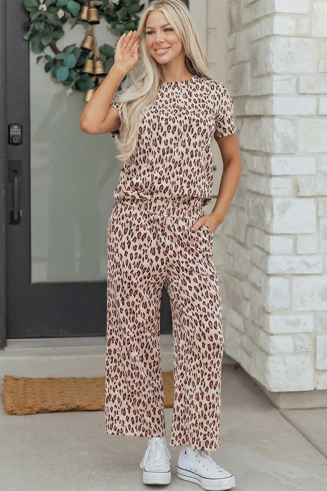 Pink Leopard Print Casual Tee and Pants 2pcs Outfit
