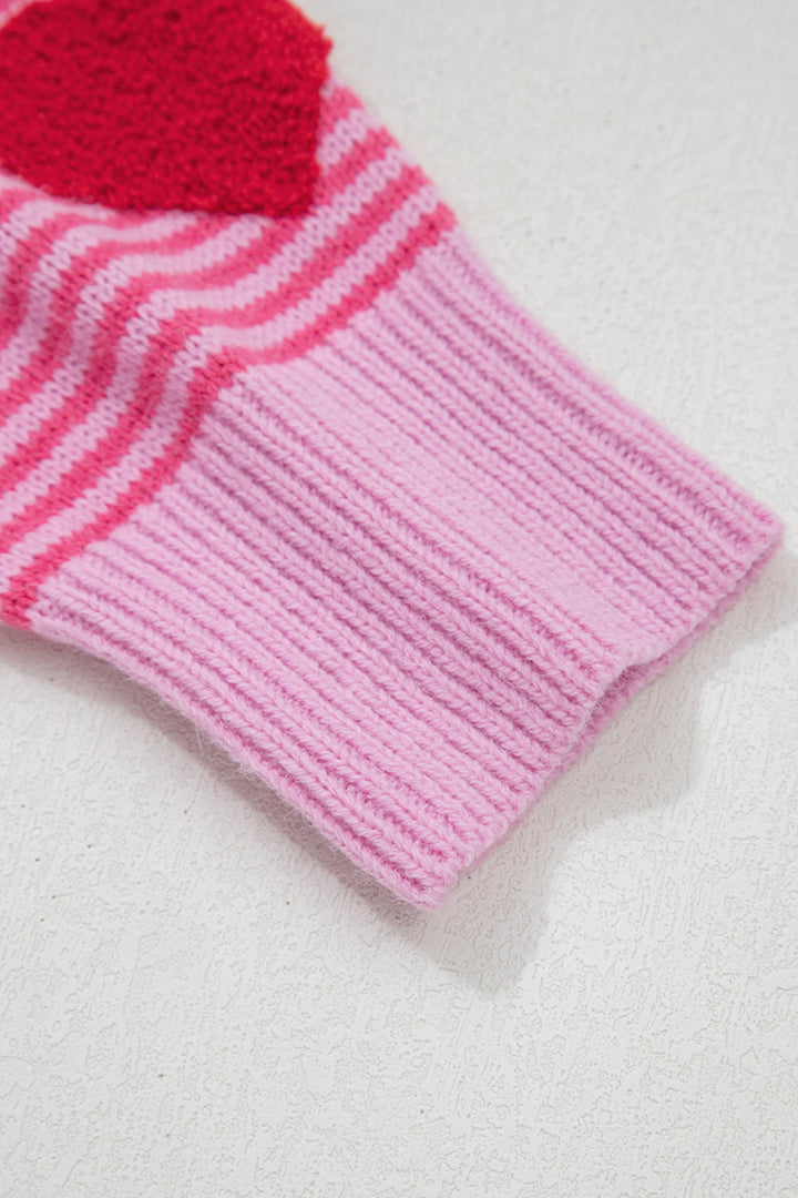 Rose Stripe Contrast Heart Pattern Valentine Knit Sweater