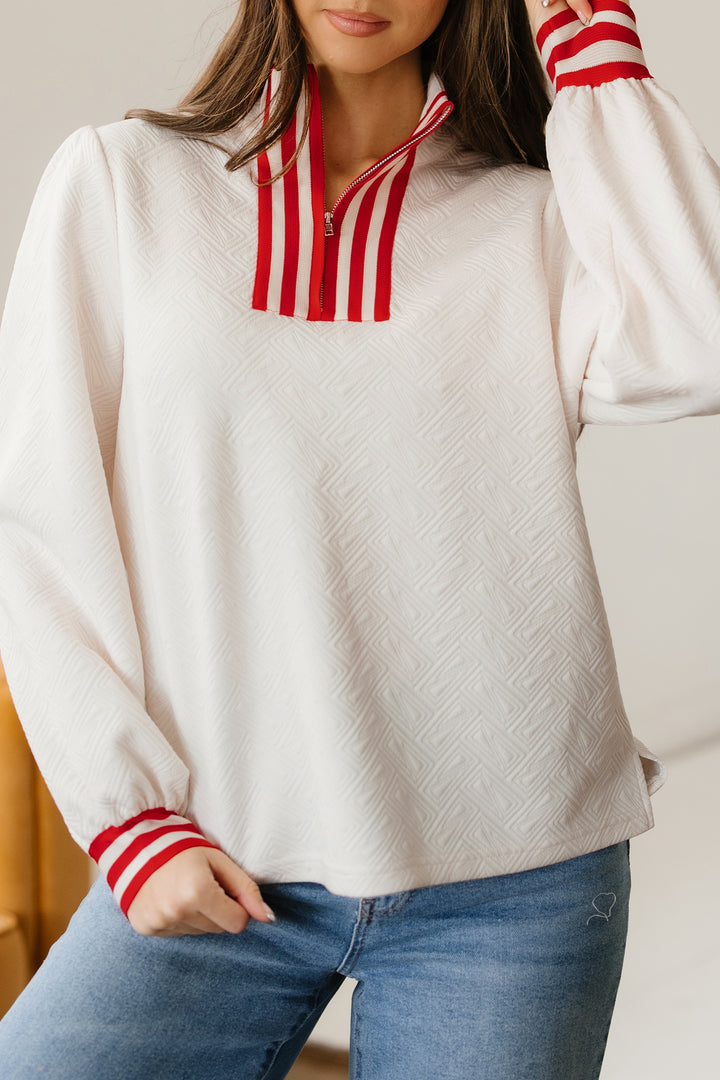 Textured Knit Contrast Striped Accent Zipped Collar Pullover Top