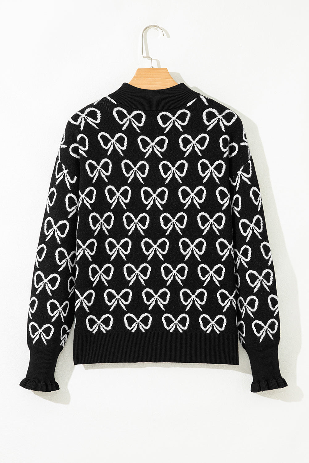 Cute Bow Pattern Drop Shoulder Zipped Collar Sweater