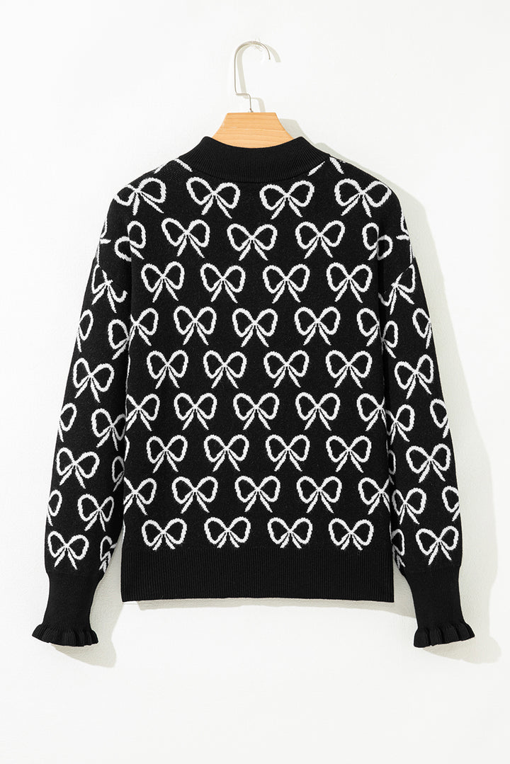 Cute Bow Pattern Drop Shoulder Zipped Collar Sweater