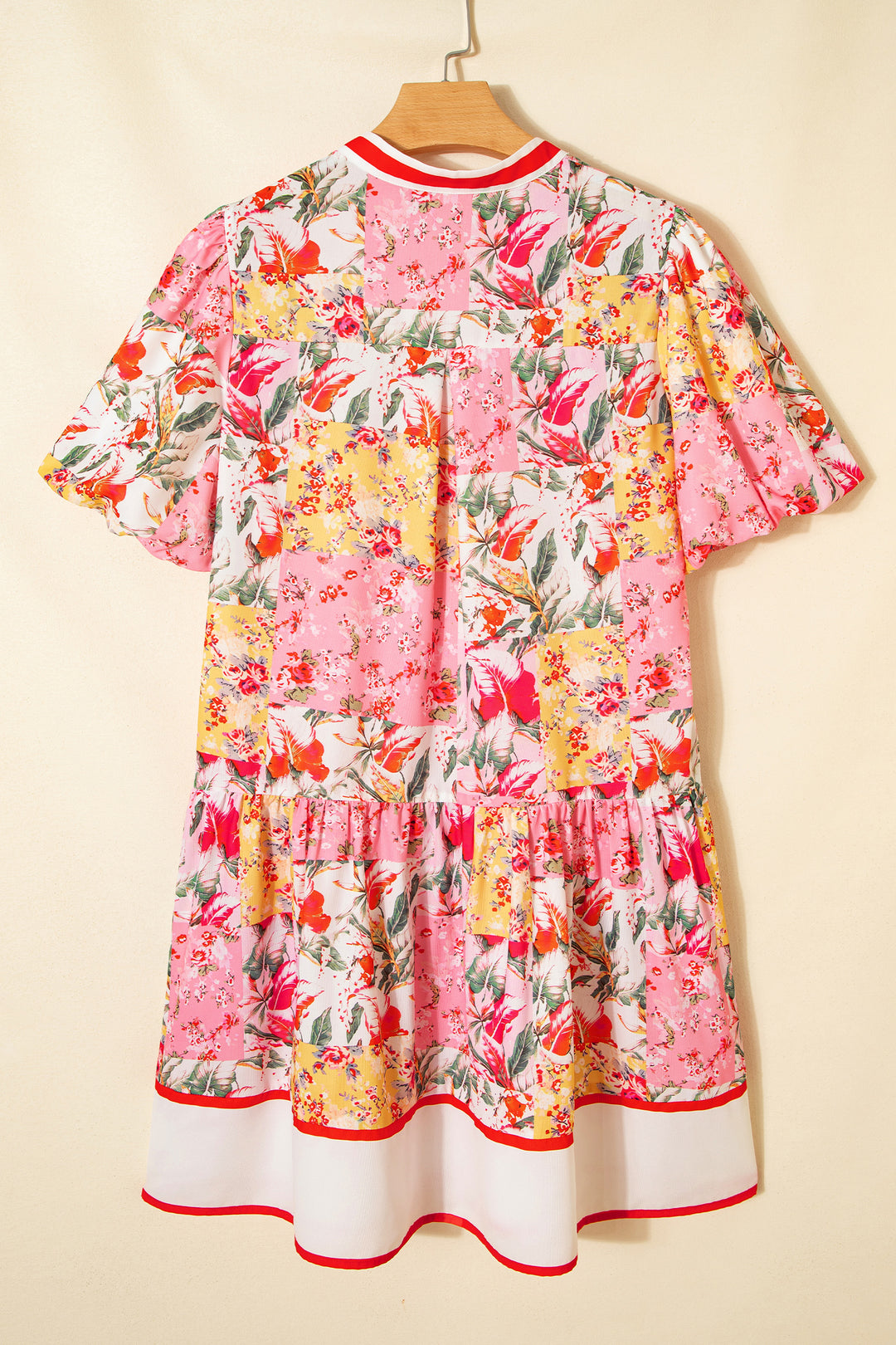 Pink Color Block Floral Print Contrast Trim V Neck Ruffle Hem Mini Dress