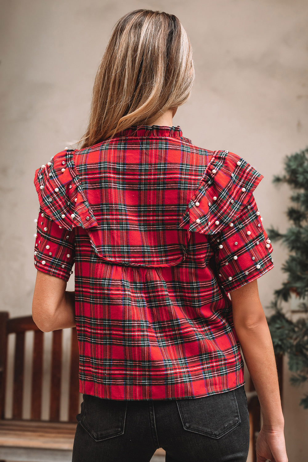 Festive Plaid Pearl Embellished Ruffle Short Sleeve Blouse