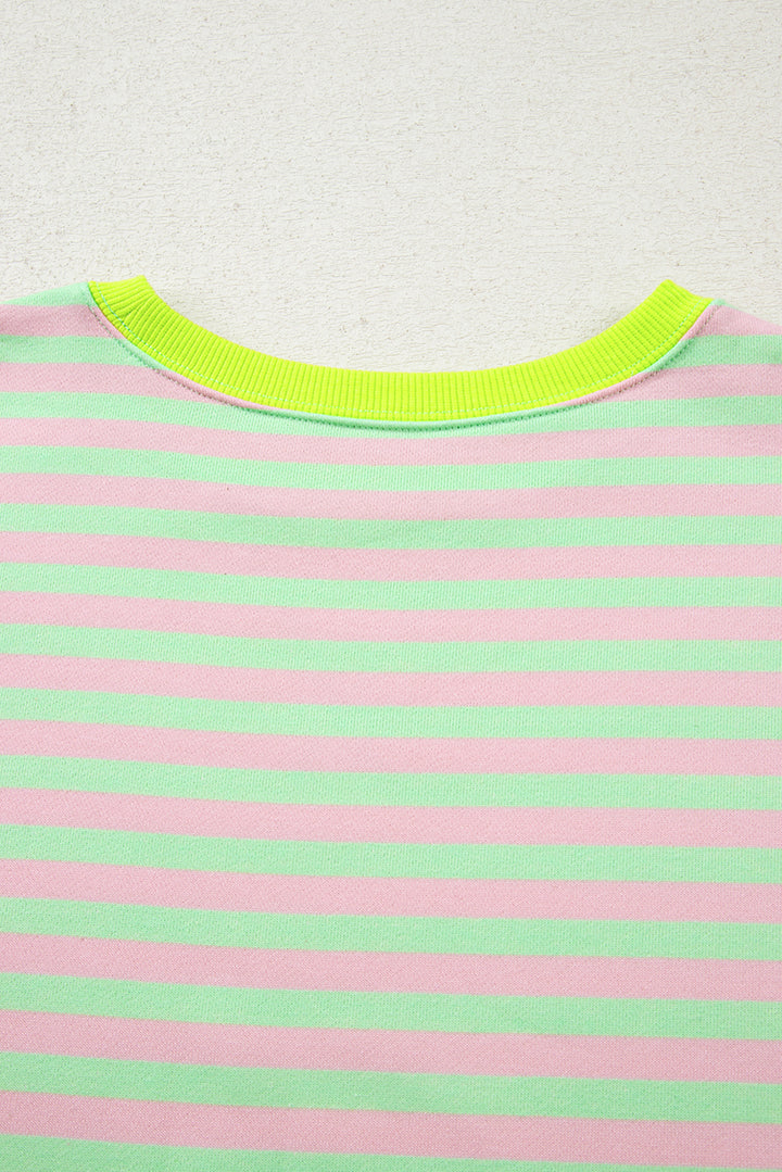 Green Stripe Contrast Ribbed Trim Crossed Stitch Drop Shoulder Sweatshirt