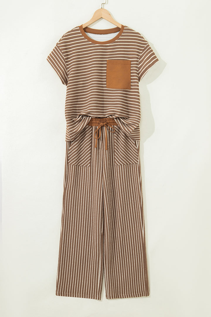 Khaki Stripe Crew Neck Tee Drawstring Waist Cropped Pants Set