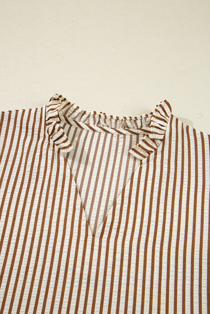 Striped Print Tied Cuffs Split Neck Seersucker Blouse