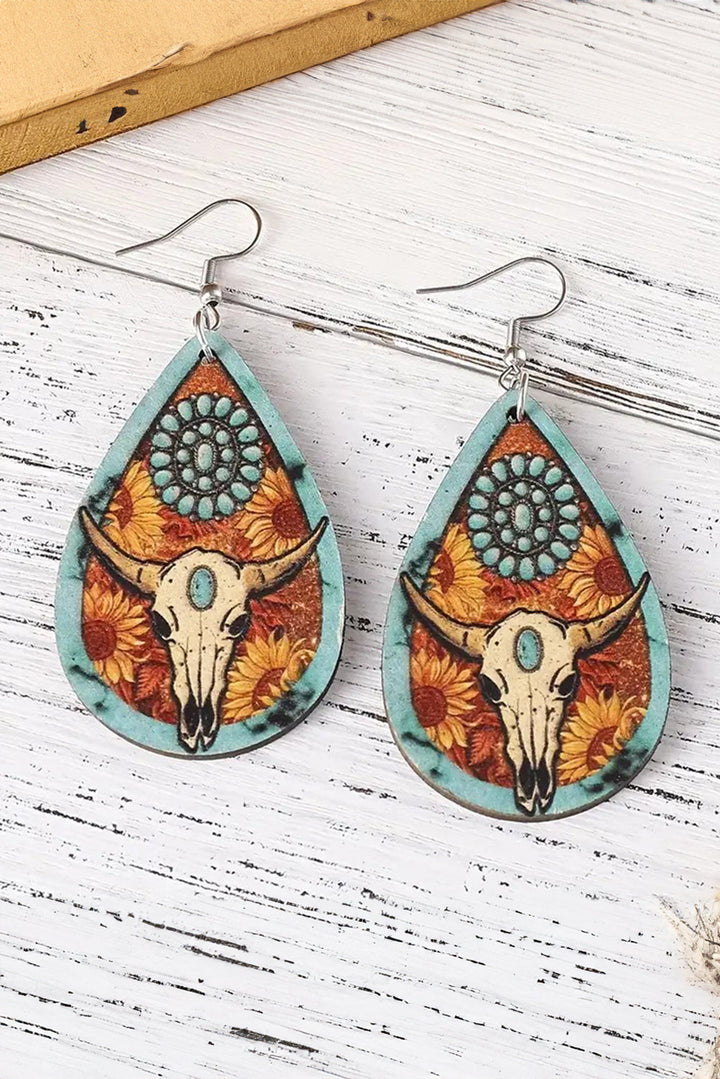 Boucles d'oreilles pendantes en bois à imprimé tête de bœuf Western