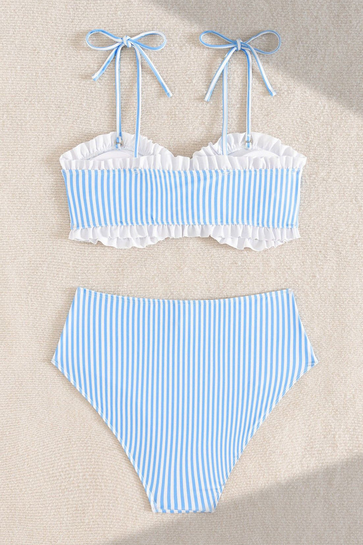 Sky Blue Stripe Tie Straps Colorblock Ruffle Trim Sexy 2pcs Bikinis