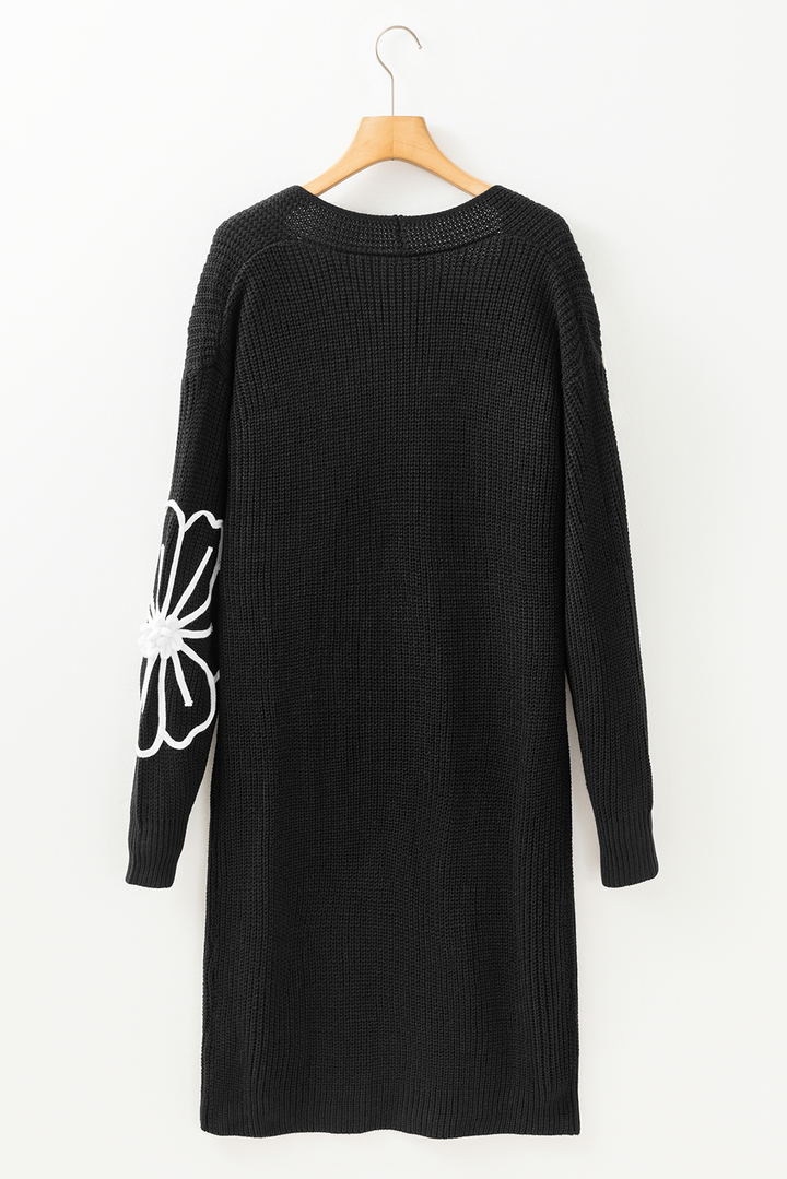 Black Flower Embroidered Open Front Duster Cardigan