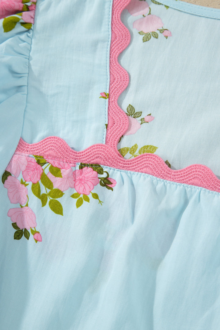 Sky Blue Floral Printed Contrast Ricrac Detail Bubble Sleeve Blouse