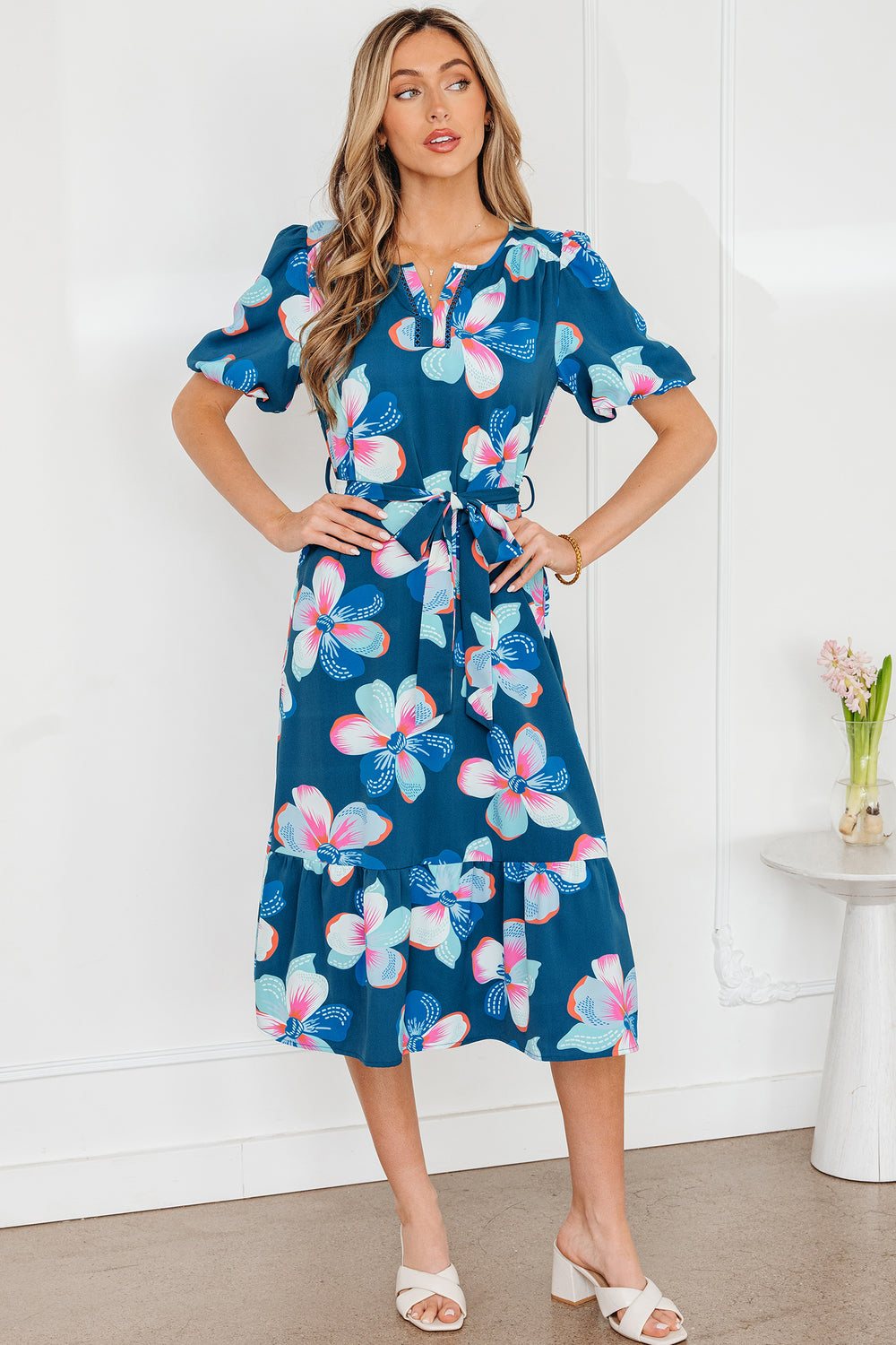 Floral Print Short Puff Sleeve Ruffle Hem Belted Long Dress
