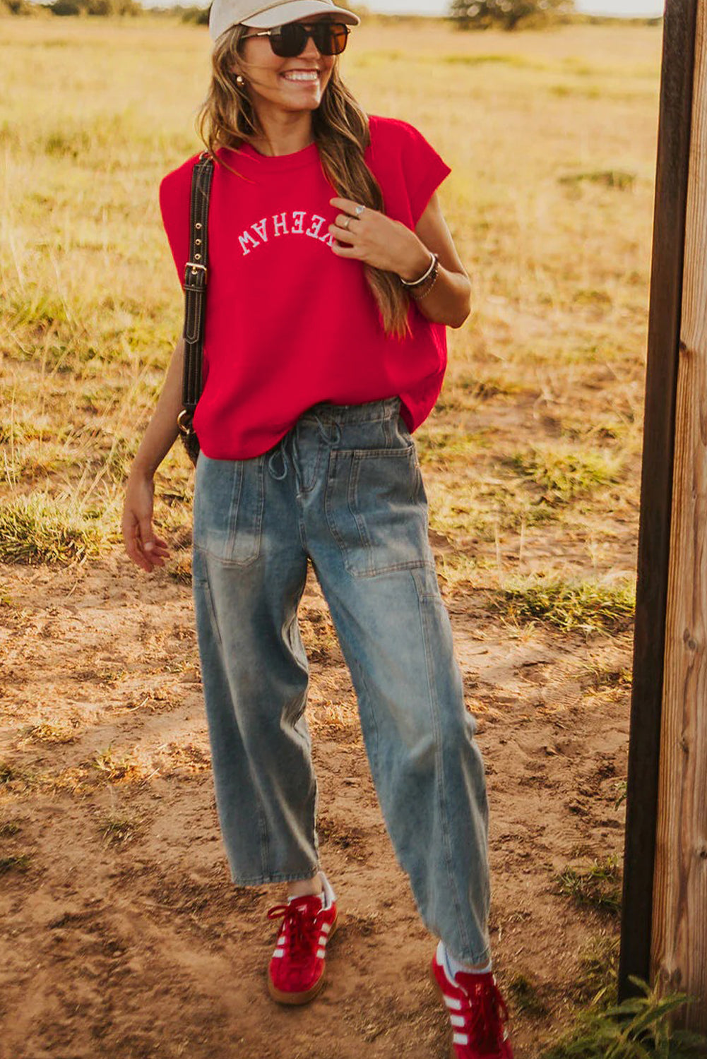 YEEHAW Embroidered Letter Loose Short Sleeve Sweater
